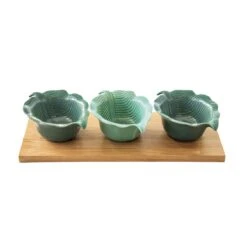 EASY LIFE Set Aperitivo Con Vassoio In Bambù E 3 Ciotole In Porcellana Forma Foglia MADAGASCAR